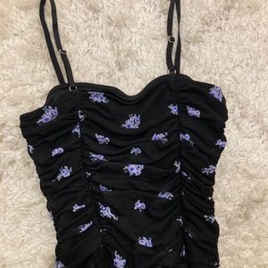 Ruched Black Tank Top with Blue Flowers